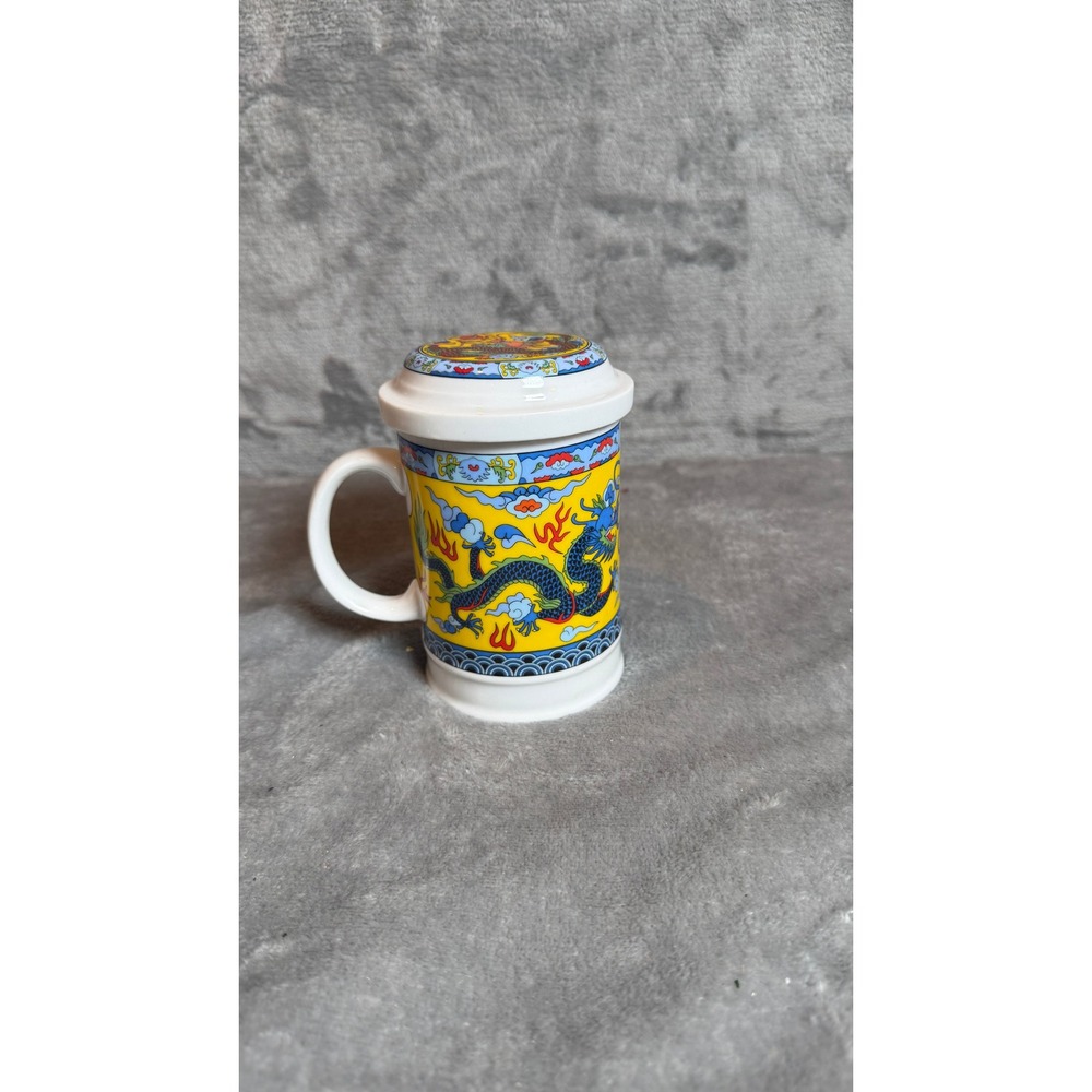 Chinese Dragon Tea Mug with Ceramic Infuser & Lid Yellow Blue 3 Piece